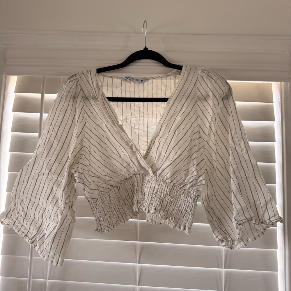 Zara White V-Neck Pinstripe Smocked Crop Top